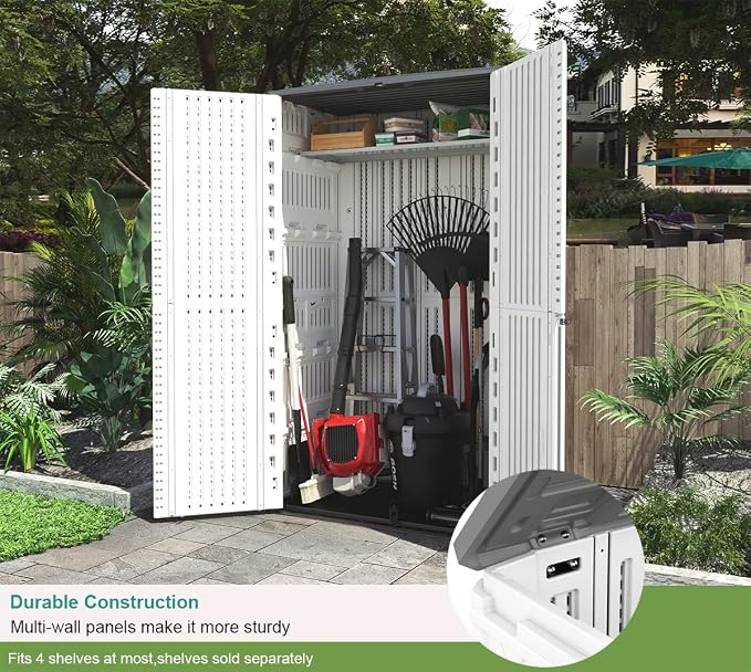 Outdoor Storage Shed,KINYING Outdoor Storage Cabinet Waterproof with Double Doors,52 Cu.ft Resin Vertical Tool Shed for Garden,Patio,Backyard,4×2.5×6.6 FT - Image 4