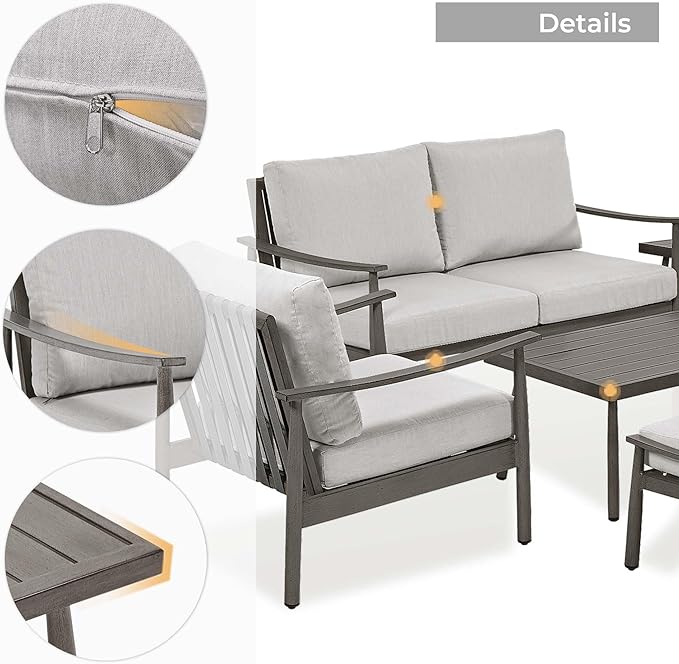 HAPPATIO Patio Outdoor Furniture Set - 7 Pieces Aluminum Outdoor Conversation Set Includes 1 Loveseat, 1 Coffee Table, 1 Side Table, 2 Armchairs, and 2 Ottomans for Porch, Lawn (Grey)