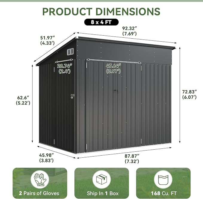 Aoxun 7'x4' 3-Lockable Door Metal Storage Shed, Metal Outdoor Garden Shed - Elevated Height & Sloped Roof Design for Bicycle, Tool, Snow Blower Storage (Black) - Image 2
