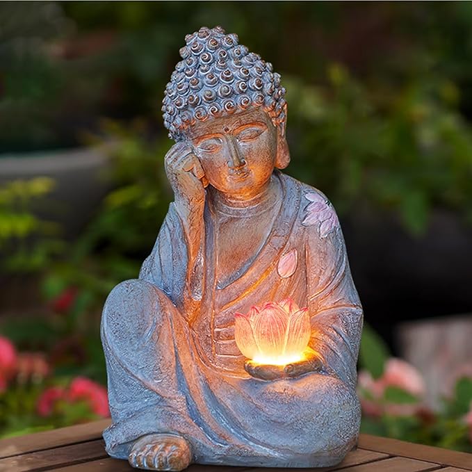 Buddha Statue Outdoor with Lotus Flower Light, IP65 Waterproof Solar Statue Lights, Outdoor Statues for Garden, Zen Decor for Garden, Home, Patio, Lawn