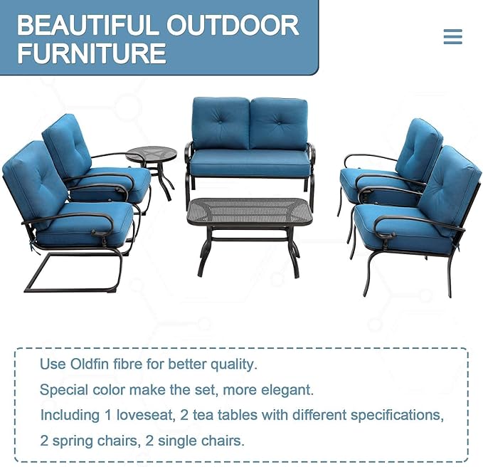 SOLAURA Outdoor Metal Furniture Sets 7-Piece Patio Conversation Set (2 Spring Chairs, 2 Patio Chairs, Loveseat with Coffee Table and Side Table), Peacock Blue