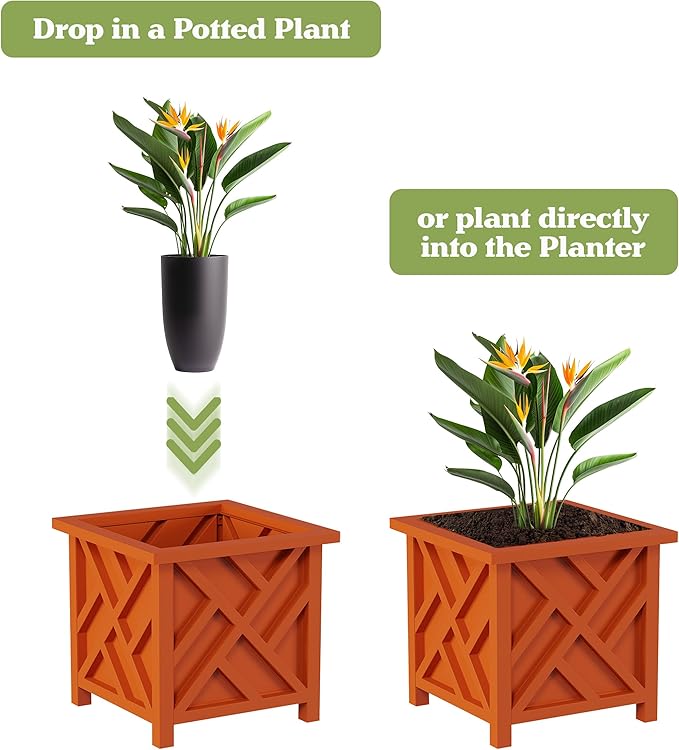Lattice Design Outdoor Planter Box - 14.75” Square 13” Tall Terracotta Plant Pot - Decorative Plant Pots for Front Porch Decor - Flower Pots Outdoor Planters for Porch Patio or Garden by Pure Garden
