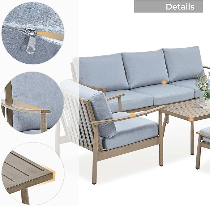 HAPPATIO Patio Outdoor Furniture Set - 6 Pieces Aluminum Outdoor Conversation Set with 1 Three-Seater Sofa, 1 Coffee Table, 2 Armchairs, and 2 Ottomans for Yard, Porch, and Deck (Brown)
