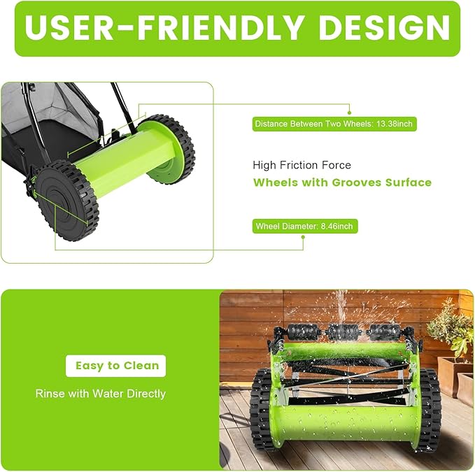 Manual Lawn Mower, 12 Inch 5 Blade Push Reel Lawn Mower with 6 Gallon Grass Catcher, 0.47-1.77inch Adjustable Cutting Height, Push Lawn Mower for Yard, Garden - Image 3