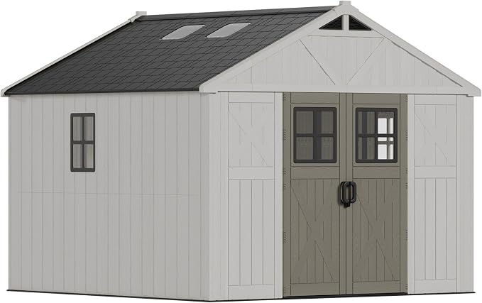 Devoko 10x10 FT Resin Outdoor Storage Shed with Floor, Plastic Tool Garden Shed with Windows & Lockable Door, Outside Large Storage Shed for Patio Backyard Lawn, Beige by DEVOKO