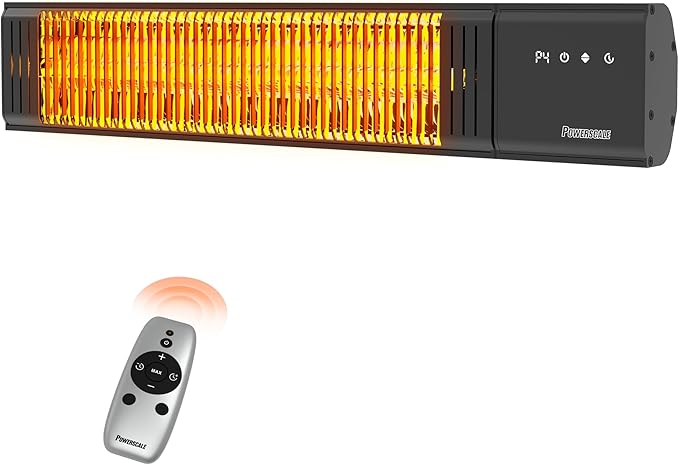 Powerscale 1500W Electric Patio Heater, IP65 Waterproof, Remote, Fast Heating, 4 Heat Levels, 24H Timer & Memory Function, Wall Mounted Indoor/Outdoor Heater for Patio, Garage, Backyard, Black
