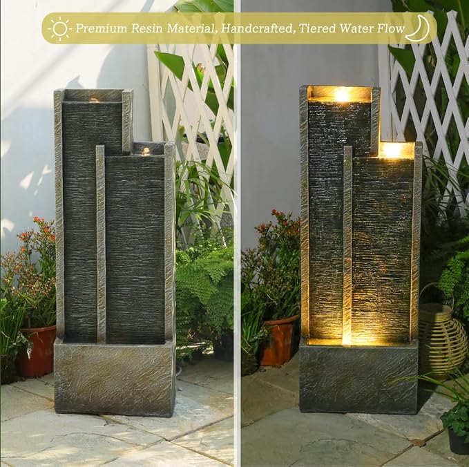 35.4" H Modern Indoor Outdoor Waterfall Fountain with Gentle Sound, Resin Garden Water Fountain Outdoor with Lights, Black Stream Panel Floor-Standing Garden Feature for Patio, Balcony, or Home Decor