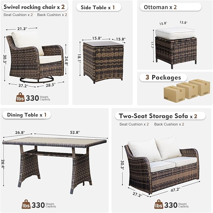 MEISSALIVVE 7 Pieces Outdoor Patio Furniture Set with Swivel Chairs, Wicker Patio Conversation Set, Patio Sectional Furniture Set with with Loveseat, 2 Ottomans and Dining Table (Brown)