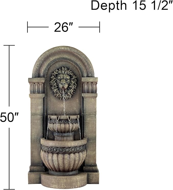 Royal Lion Face 50" High Large Italian Indoor Outdoor Decor Faux Stone Floor Fountain with Light LED Waterfall 2-Tier Statue Water Feature for Outside Garden Patio Yard Backyard - John Timberland