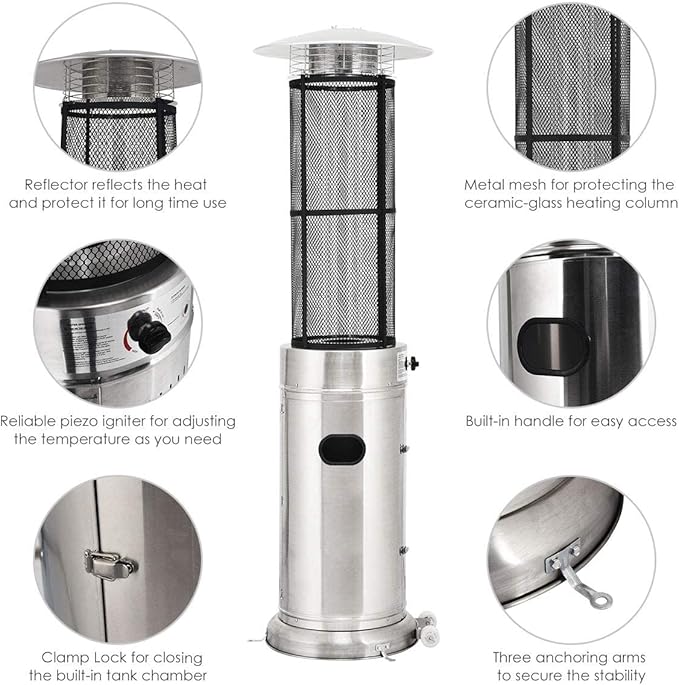 Happygrill Patio Heater, Outdoor Round Space Heater with Adjustable Heat, Wheels & True Flame, 40000 BTU Stainless Steel Patio Propane Heater Freestanding for Outdoor Use Garden Balcony BBQ Party