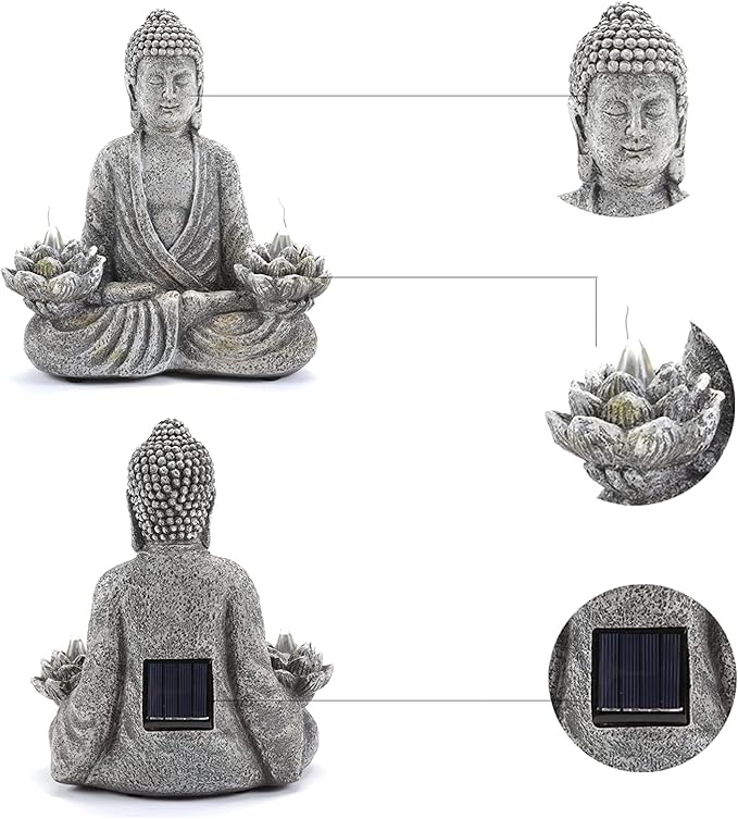 Buddha Statue Zen Sculpture 11.4in Yoga Garden Decor with LED Solar Lotus Lights, Sitting Meditating Buddha Serene Resin Figurine for Patio Yard Lawn Ornaments,Inside or Outside