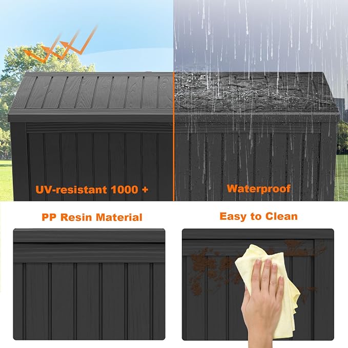 PatioZen 180 Gallon Resin Deck Box, Lockable Patio Outdoor Storage Box for Furniture, Garden Tools and Tools Storage, Waterproof Outside Storage Boxes - Black - Image 3
