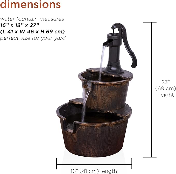 Alpine Corporation 27" Tall Rustic Outdoor 2-Tier Barrel Pump Water Fountain with Soothing Cascading Water Flow for Patio, Yard, Porch, or Landscape, Bronze