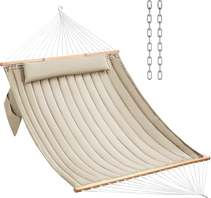 CHULIM Double Quilted Fabric Hammock with Hardwood Spreader Bars and Pillow 450 LBS Capacity 2 Person Large Hammock for Outdoor Patio Backyard Poolside - Tan by CHULIM