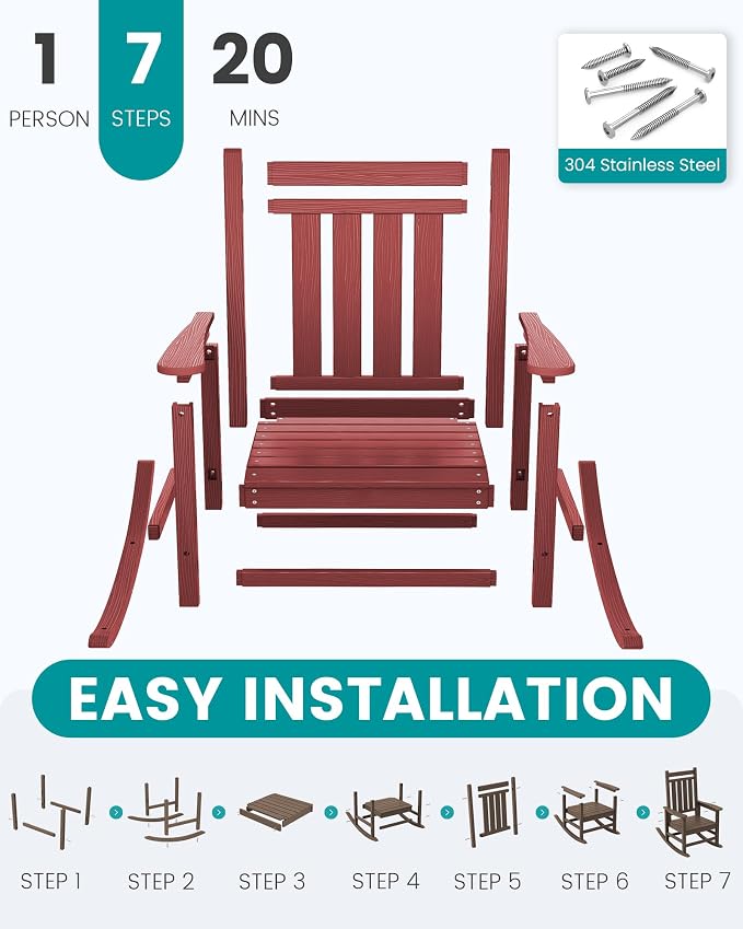 SERWALL Oversized Outdoor Rocking Chair Set of 4, HDPE Rocker for Adults, Patio Rocking Chairs for Porch, Crimson Red - Image 6