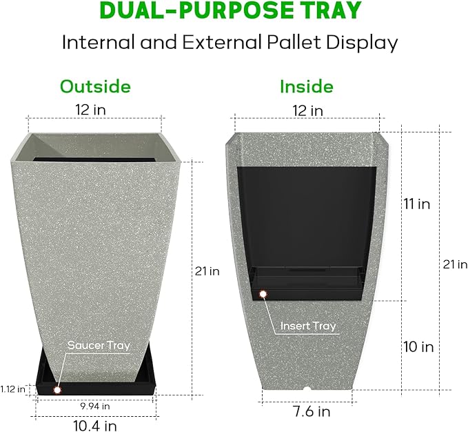 Set of 2 Large Tall 21 Inch Planter Pots Indoor/Outdoor-Matte Grey Square Flower Planters with Tray for Patio, Front Door, Deck | Weather-Resistant & Lightweight Plastic (Grey)