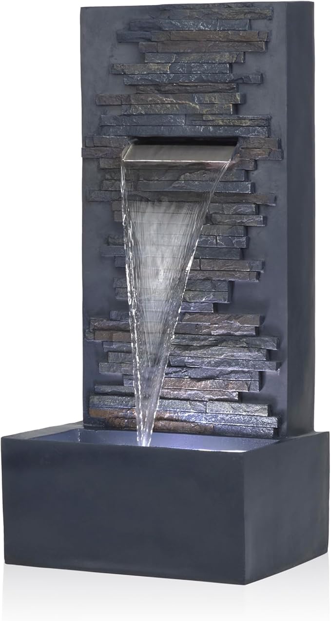 Alpine Corporation 32" Cascading Stone Wall Fountain with LED Lights – Outdoor Water Feature for Garden, Patio, Backyard & Home Decor, Gray