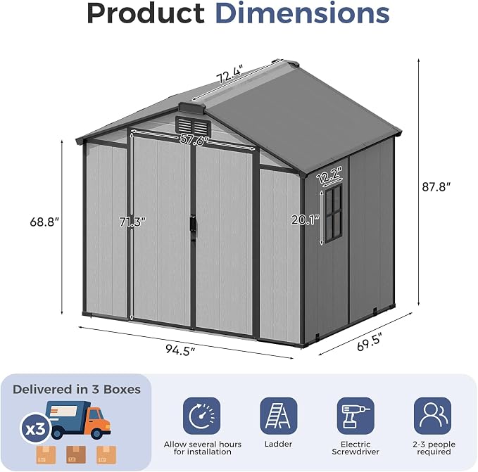 CDCASA 8x6x7 FT Resin Shed with Floor Included, Steel‑Reinforced Large Waterproof Outdoor Storage Sheds with Base & Lockable Door & Window & Vents, Outside Plastic Tool for Outside Patio Backyard - Image 2