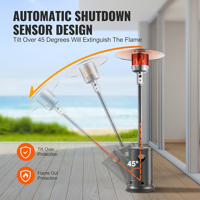 VEVOR 50000BTU Propane Patio Heater for Outdoor Use With Round Table Design, Metal Burner and Wheels - Tall Hammered Flame Heater for Party, Backyard, Garden, Silver Gray