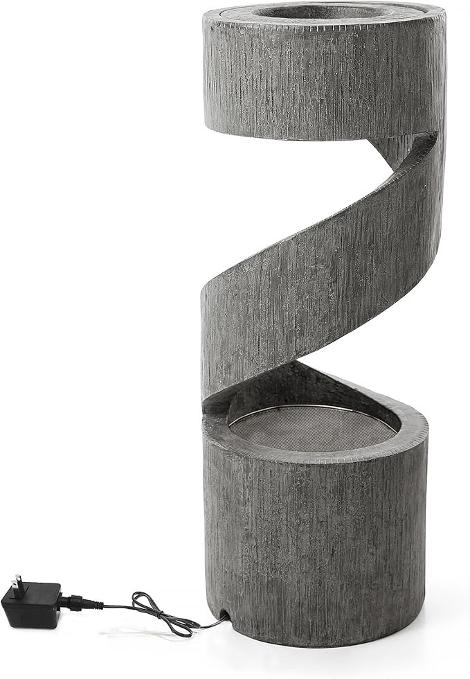 Glitzhome Outdoor Fountain with LED Light, Spiral Water Fountain Outdoor with Stone Planter, Modern Curved Waterfall Fountains Water Feature for Garden Patio, 31.3”H