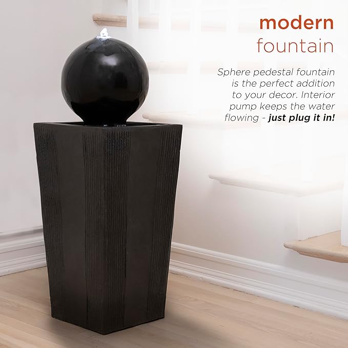 Alpine Corporation GIL786 Outdoor Floor Modern Sphere and Pedestal Soothing Waterfall Fountain for Garden 33", Black