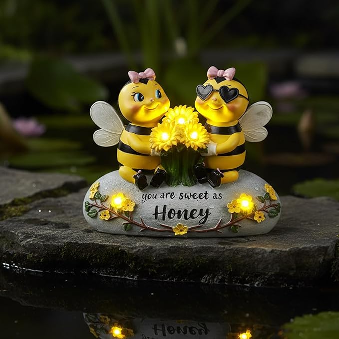 Solar Bee Lights Garden Statues 5.5" Resin Bee Figurine Waterproof Yard Lawn Patio Decorations Birthday Housewarming Gifts for Mom Wife Women Honeybee Decor Garden Sculptures with Sunflowers