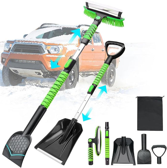 43.3'' Snow Shovel & Snow Brush with Ice Scrapers for Car Windshield,5-in-1 Extendable Thicken Aluminum Tube,180° Pivoting Brush Head & Foam Grip for Christmas, Cars, Trucks, SUVs, Vehicle（Green by Nibule