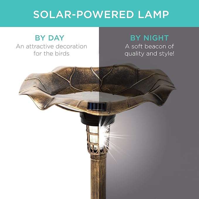 Best Choice Products Outdoor Solar Lighted Pedestal Bird Bath Fountain Decoration w/Planter, Integrated Panel, Scroll Accents for Lawn, Garden - Bronze