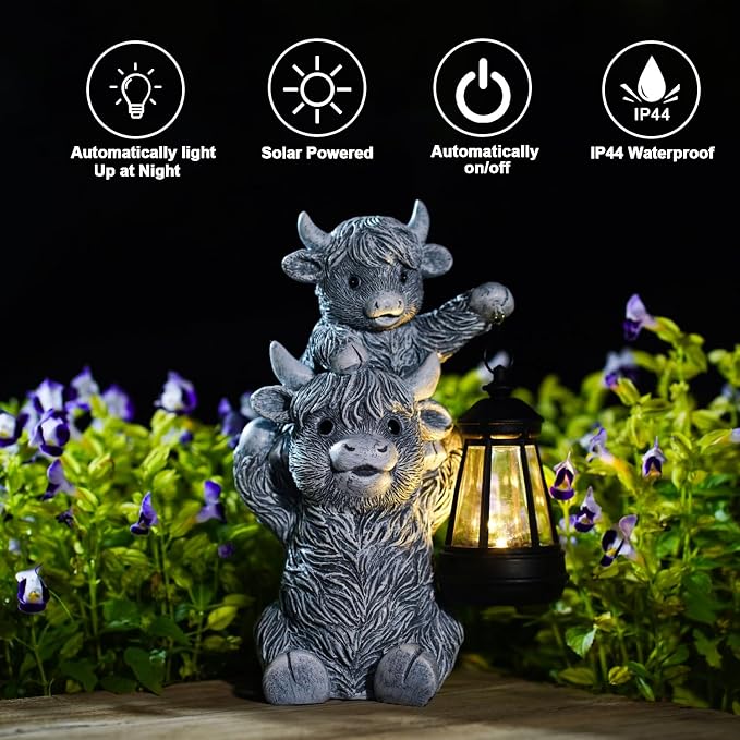 Goodeco 9.5 Inch Highland Cow with Solar Lantern – Resin Garden Decor, Outdoor Statue & Unique Highland Cow Gifts (Gray) - Image 6