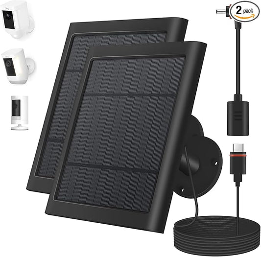 Paodekua 2 Pack 4W Solar Charger for Ring Spotlight & Stick Up Outdoor Cam, Black, High Efficiency, 10FT/3M Long Cable with USB-C to Ring Barrel Plug by Paodekua