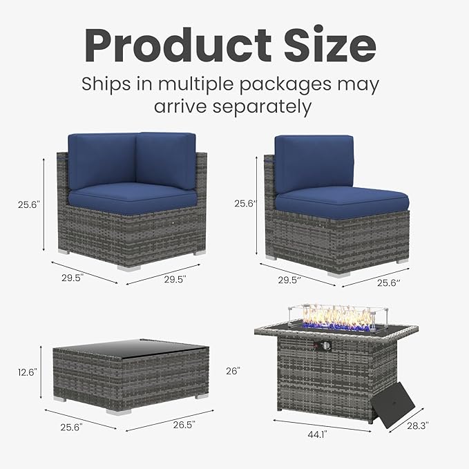 8 Pieces Patio Furniture Set with 44" Propane Gas Fire Pit Table, Outdoor Sectional Wicker Conversation Sofa Sets with Coffee Table