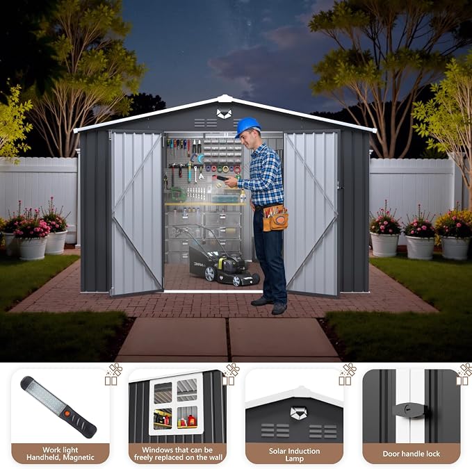 10x8 FT Outdoor Storage Shed, Metal Garden Shed - Tool Storage Sheds with Lockable Doors & 1 Clear Window, Waterproof Outside Storage Building for Backyard, Patio (Black; Floor Not Included) - Image 2