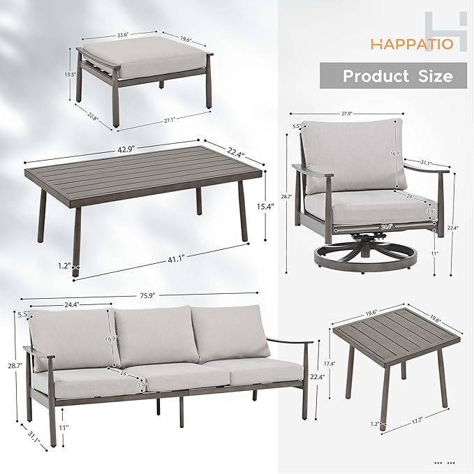 HAPPATIO Patio Outdoor Furniture Set - 7 Pieces Aluminum Outdoor Conversation Set Includes 1 Three-Seater Sofa, 1 Side Table, 1 Coffee Table, 2 Swivel Chairs and 2 Ottomans for Porch, Lawn (Grey)