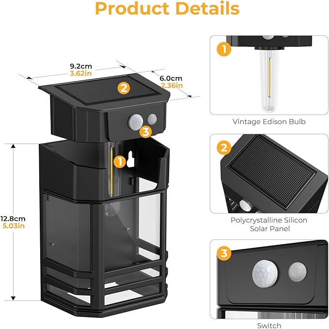 btfarm Solar Wall Lights Outdoor,3 Modes Motion Sensor Lights Dusk to Dawn, IP65 Waterproof Porch Light Solar Powered, 1200mAh Wireless Wall Mount Sconces for Outside Patio, Garage, Yard