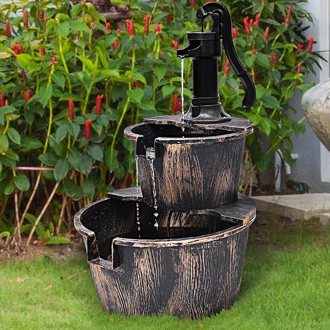 S AFSTAR Water Fountain Outdoor Waterfall Barrel, 2-Tier 27-Inch Barrel and Pump Waterfall Fountain W/Realistic Faux Wood Barrels & Pump Head, Garden Barrel Fountain for Patio Backyard Decor