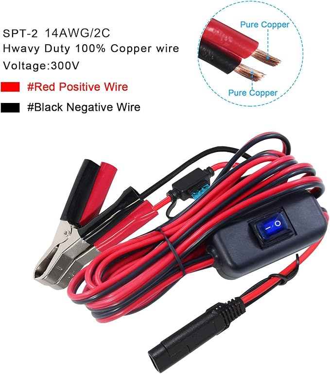 SAE to Battery Alligator Clip - 12V SAE 2Pin Quick Disconnect Cable 10ft SAE to Battery Clamp Cord 15A Fuse (10FT) - Image 2