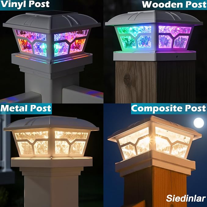SIEDiNLAR Solar Post Cap Lights Outdoor 2 Color Modes LED for 4x4 5x5 6x6 Wooden Vinyl Posts Fence Patio Deck Decoration RGB Color Changing & Warm White Lighting White (6 Pack) - Image 3