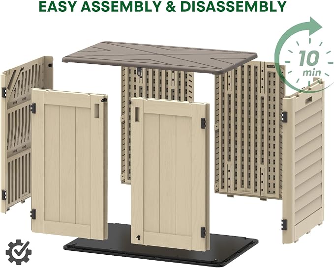 Outdoor Storage Shed, 30 Cu Ft Waterproof Horizontal Resin Storage Cabinet, Weather-Resistant Garden Shed Trash Can Storage with Pad-Lockable Doors for Backyards (Khaki) - Image 7