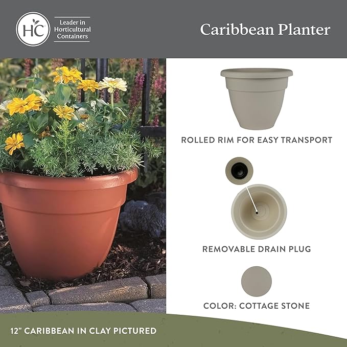 The HC Companies 12 Inch Caribbean Planter Pots w/Drainage & Plug, Rolled Rim Plastic Planters for Indoor Outdoor Plants, 2-Pack Decorative Flower Pots for Garden, Office & Home Decor, Cottage Stone