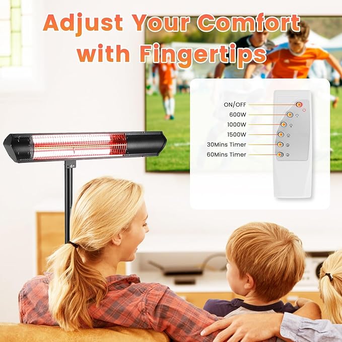 Outdoor Heaters for Patio, 1500W Infrared Heater with Stand, IP65 Waterproof Electric Patio Heater Tripod Wall Mount, 3 Heating Levels, Remotes, Timer for Garage Yard Home