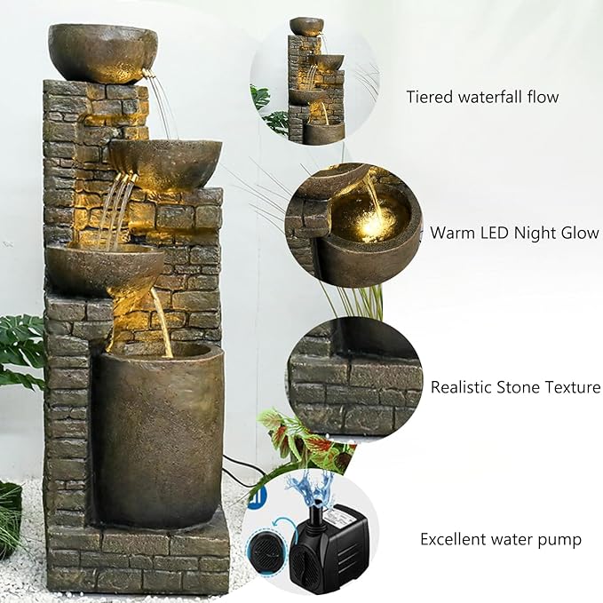 38.2 ''H Cascading Bowls and Stacked Stones with Led Lights Outdoor Water Fountain for Gardens, Landscaping, Balconies, Floor Patio,Backyard and Home Art Decor