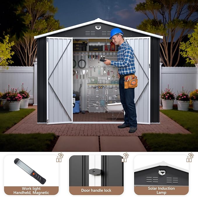 10x8 FT Outdoor Storage Shed, Metal Garden Shed, Storage Tool Sheds with Lockable Doors, Waterproof Outside Storage Building for Backyard, Patio (Black; Floor Not Included) - Image 2