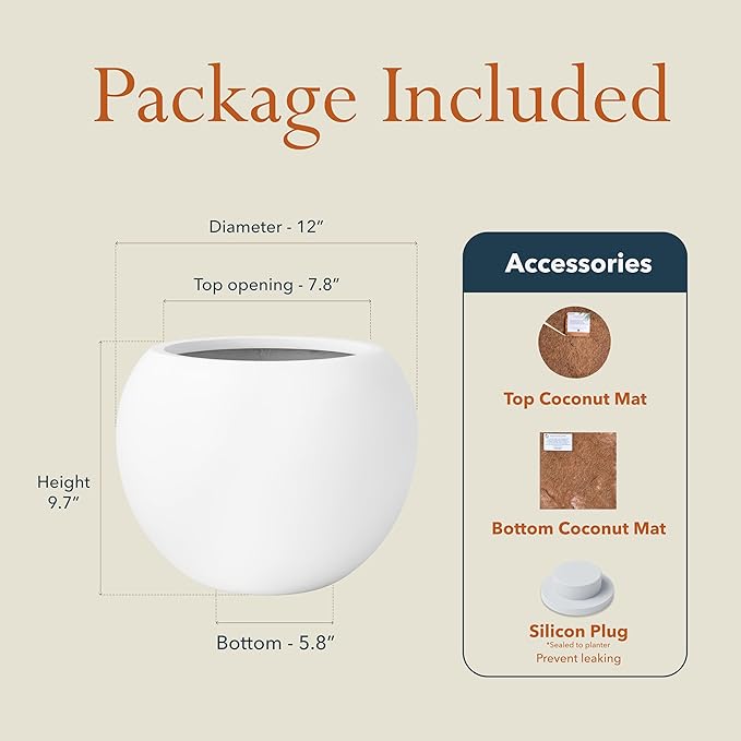 9.7" H x 12" D Premium Globo Fiberstone Round Planter with Drainage Hole, Smooth Finishes, Weather Resistant for Indoor and Outdoor Use, Included 2 Extra Coco Mats (White, 7.8" Pot Opening)