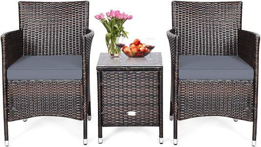 HAPPYGRILL 3-Pieces Patio Furniture Set Outdoor Wicker Rattan Conversation Set with Coffee Table Chairs & Thick Cushions Bistro Sets for Patio Garden Lawn Backyard Pool