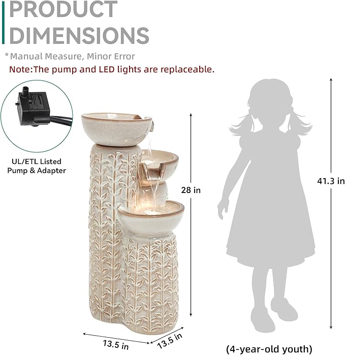 28" H Ceramic Outdoor Water Fountain with LED Lights, 3-Tier Cascading Bowls Water Feature, Tranquil Waterfall for Relaxing Garden, Patio, Yard, or Porch, Beige Glaze, Embossed Leaf Patterns