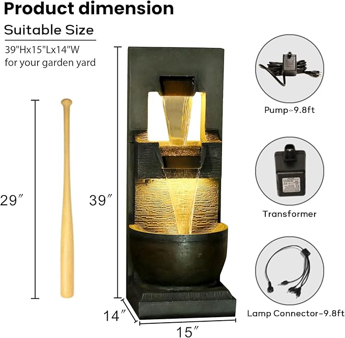 39" H Modern Indoor Fountain with LED Lights and Pump, 3-Tier Standing Cascading Waterfall - Modern Design for Garden/Patio/Yard, Multi-Level Outdoor Decor 15“x14”x39“(Brown)