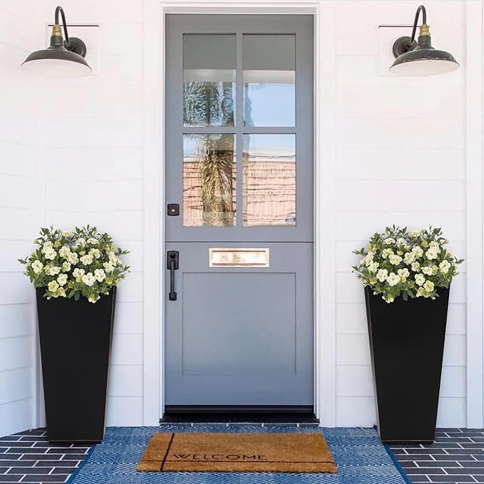 Wallowa Metallic Taper Planter, 26 Inch Tall Tapered Planter for Front Porch, Patio, Deck, Garden Indoor/Outdoor Tree Planters, Set of 2 Black with Copper Hand Brushed Rim
