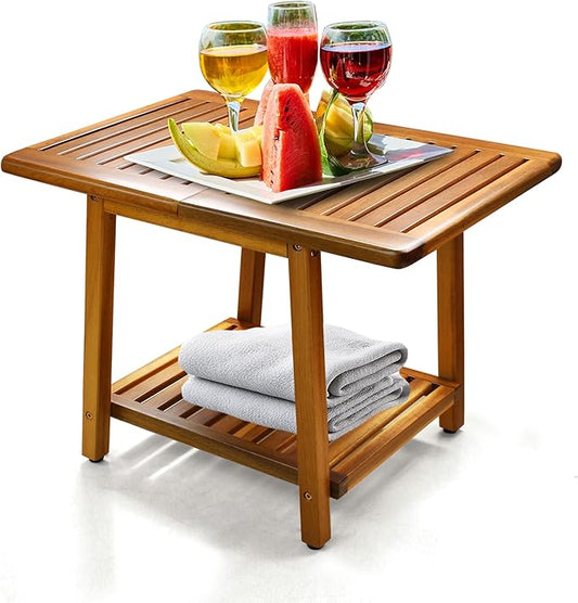 ENKEZI Acacia 24 Inches Outdoor Side Table, 2-Tier Sturdy Patio, End Table Weather Resistant, Strong Stability Side Table for Patio, Pool, Porch, Teak Finish (Large) by ENKEZIProducts