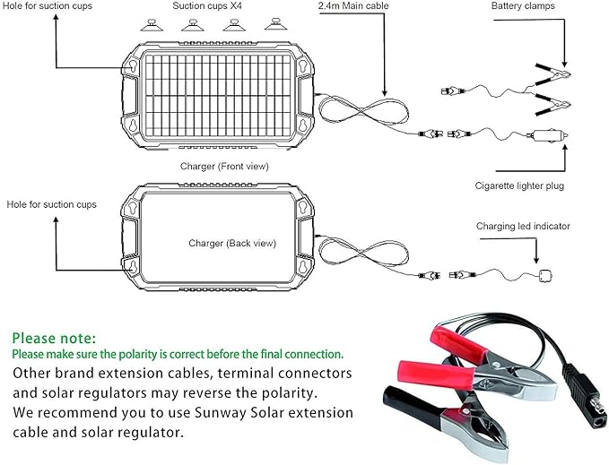 Sunway Solar Car Battery Trickle Charger & Maintainer 12Volt 8W Solar Panel Power Charger kit Portable Waterproof for Automotive RV Marine Boat Truck Motorcycle Trailer Tractor Powersports Snowmobile - Image 7
