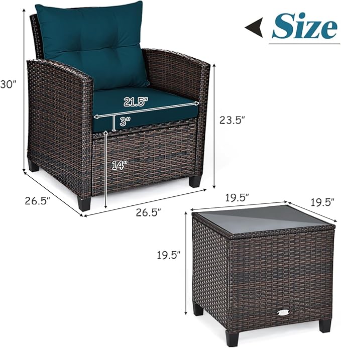 KOTEK 3 Piece Patio Furniture Set, Outdoor Conversation Set with Washable Cushions & Tempered Glass Tabletop, PE Rattan Wicker Bistro Set for Porch, Garden, Balcony (Peacock Blue)